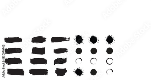 Set of paint brush stroke, ink splatter and artistic design elements. Ink splashes. Rough smears and stains. High quality manually traced. Drops blots isolated. Vector isolated elements set.