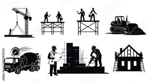 Flat vector silhouette icons of construction workers and heavy machinery performing various building activities,, isolated on white background