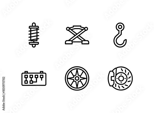 Shock Absorber Jack Tow Hook Fuse Box Wheel Rim Brake Caliper Minimal Bold Line Icon Set