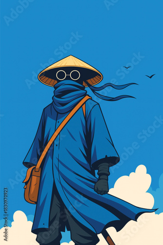 Mysterious Traveler Vector Art: Cool Character in Blue Robe, Conical Hat, and Round Glasses, Contemporary Japanese/Sci-Fi Inspired Design,