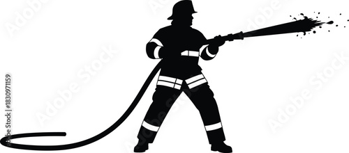 silhouette of a fire brigade man throwing water by a pipe 