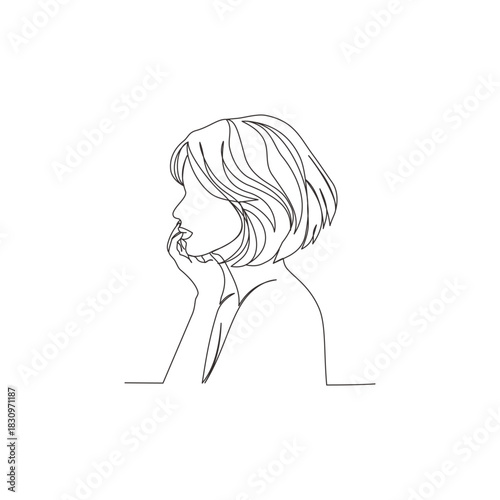 Continuous line art  a woman’s side face  modern aesthetic,with short slightly messy waves curves outline