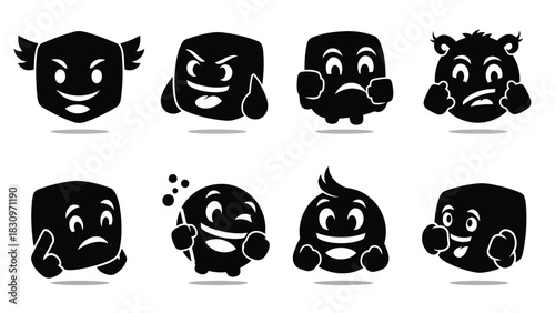 Eight stylized flat vector black silhouette emoji characters displaying diverse emotions and expressions, including, isolated on white background
