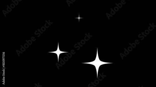 Sparkling Stars or Spark effect animation. Stars shine effect on black screen background. Twinkle festive or holiday decoration. Merry Christmas or Happy New Years on Overlay background.
