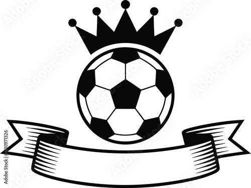 Dynamic soccer ball logo design with a regal crown and a celebratory banner