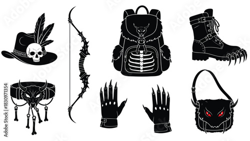 Flat vector illustration dark fantasy gothic accessories: skull hat, spiked bow, monster backpack, clawed boot, horned, isolated on white background