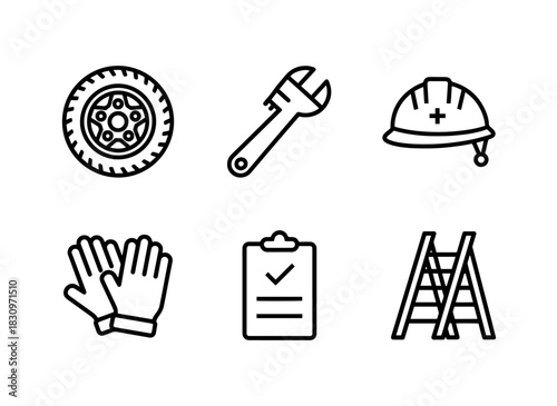 Spare Tire Pipe Wrench Safety Helmet Gloves Maintenance Checklist Minimal Bold Line Icon Set