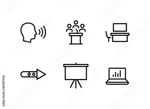 Speaker Audience Conference Room Presentation Pointer Flip Chart Laptop Presentation Icon Set
