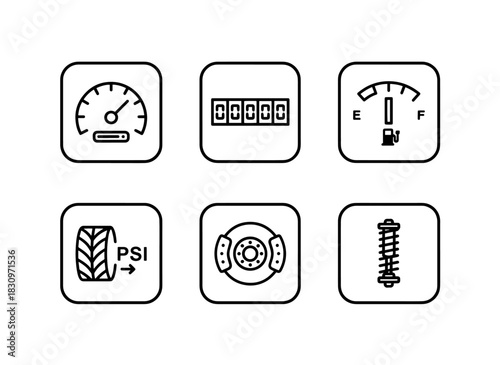Speedometer Odometer Fuel Gauge Tire Pressure Brake System Suspension Minimal Bold Line Icon Set