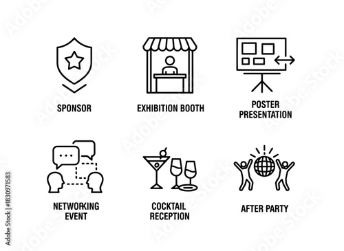 Sponsor Exhibition Booth Poster Presentation Networking Event Cocktail Reception Icon Set