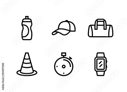 Sports Drink Sports Cap Sports Bag Training Cone Stopwatch Fitness Tracker Minimal Bold Line Icon Set