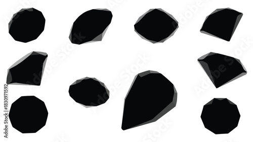 Multiple black irregular polygonal shapes with subtle grey shadows, creating an isometric 3D effect, scattered on a, isolated on white background