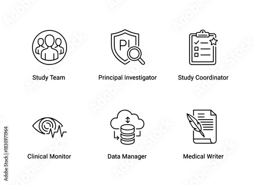 Study Team Principal Investigator Study Coordinator Clinical Monitor Data Manager Icon Set