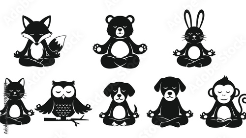 Charming flat vector illustration set featuring various wild and domestic animals meditating peacefully with closed, isolated on white background