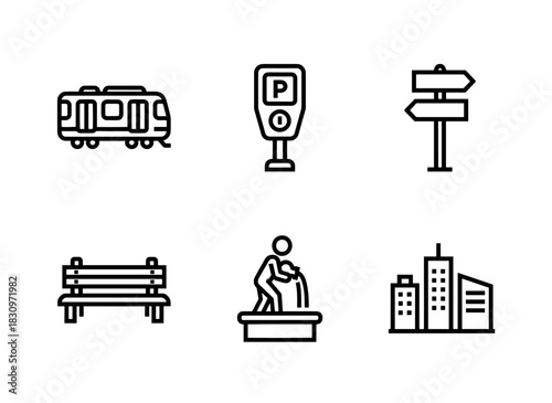 Subway Train Parking Meter Street Sign Public Bench Fountain Statue City Transport Icon Set