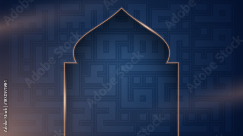Islamic background with mosque arch shape in gold line and arabic letters in blue background