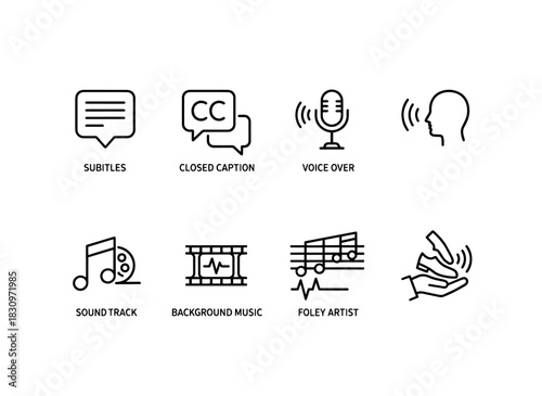 Subtitles Closed Caption Voice Over Soundtrack Background Music Foley Artist Minimal Bold Line Icon Set