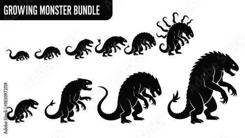 Detailed flat vector illustration bundle showcasing a collection of evolving dark fantasy monstrous creatures in, isolated on white background
