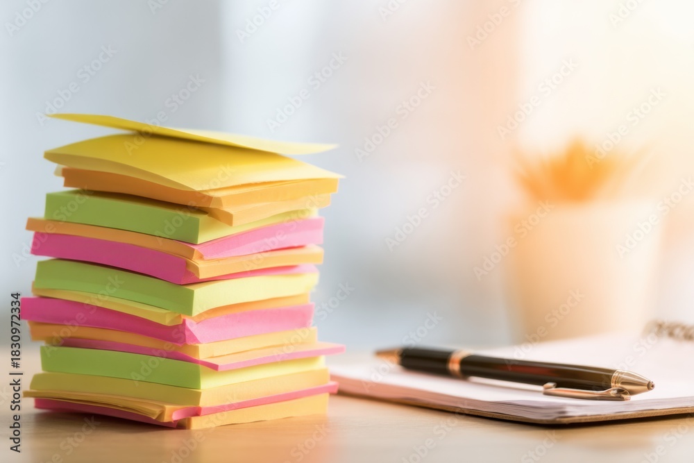 Naklejka premium A vibrant stack of sticky notes in various colors on a desk with a pen and notebook in a bright workspace