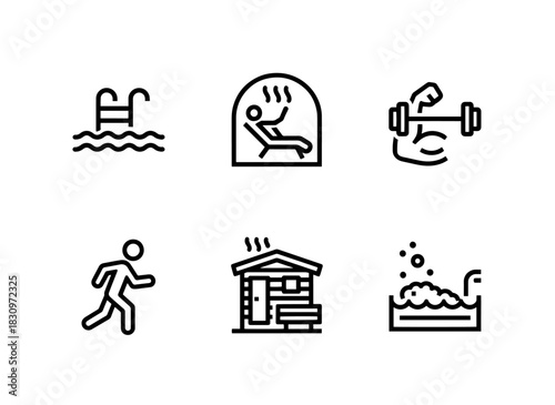Swimming Pool Spa Gym Fitness Center Sauna Jacuzzi Minimal Bold Line Icon Set
