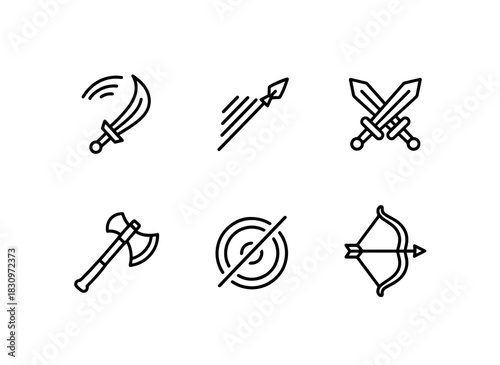 Sword Slash Spear Throw Crossed Swords Battle Axe Shield Bash Bow and Arrow Minimal Bold Line Icon Set