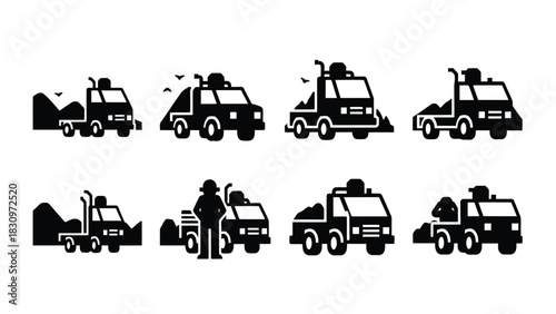 Comprehensive set of flat vector illustrations depicting various heavy construction trucks, including dump trucks, snow, isolated on white background