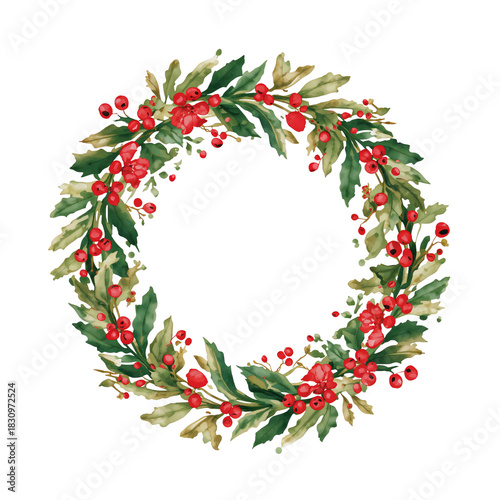 Beautiful Holiday Wreath With Red Berries and Green Leaves for Festive Decora...