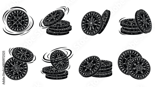 Flat vector illustration of ancient black and white rune coins, some spinning, others stacked, featuring intricate, isolated on white background