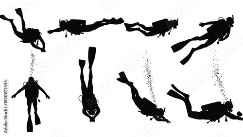 Dynamic black silhouette scuba divers equipped with masks, snorkels, fins, and tanks, swimming and floating in various, isolated on white background
