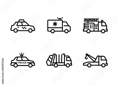 Taxi Ambulance Fire Truck Police Car Garbage Truck Tow Truck Minimal Bold Line Icon Set