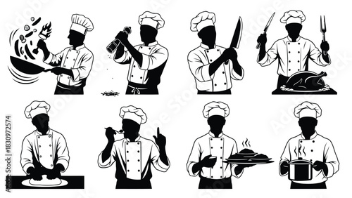 Set of professional chef silhouettes performing various cooking tasks like frying, seasoning, carving, and serving, in, isolated on white background