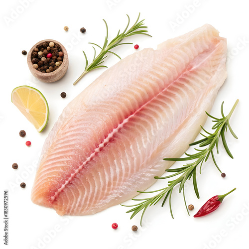 Raw tilapia fillet isolated on white background showcasing fresh fish ingredient ideal for cooking, healthy meals, recipes,