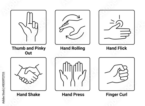 Thumb and Pinky Out Hand Rolling Hand Flick Hand Shake Hand Press Finger Curl Minimal Bold Line Icon Set