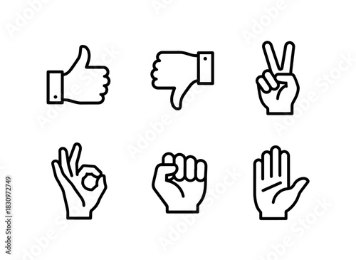 Thumbs Up Thumbs Down Peace Sign OK Sign Fist Open Hand Minimal Bold Line Icon Set