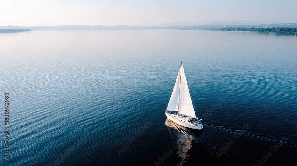Fototapeta premium Sailing across calm waters at dawn near a serene lakeside landscape in early morning light