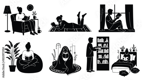 Collection of diverse people silhouettes enjoying reading books in various cozy home settings with plants and lamps,, isolated on white background