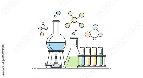 Illustration of science lab equipment with beakers, test tubes, molecules, and a burner.