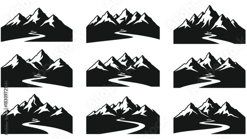 Collection of nine black and white stylized mountain range vector icons featuring winding paths or rivers leading, isolated on white background