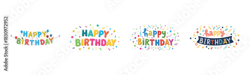 Colorful happy birthday banners with festive confetti and balloons