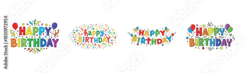Colorful happy birthday banners with balloons and confetti
