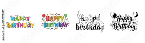 Colorful and monochrome happy birthday designs with balloons and stars
