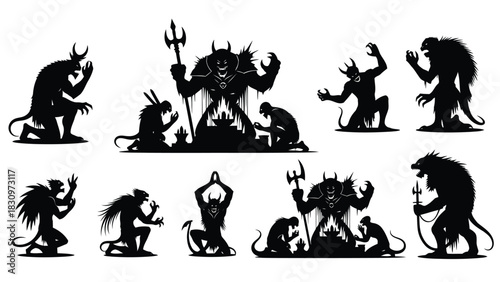 Collection of dark fantasy demon and devil silhouettes performing rituals and kneeling in worship, menacing monster, isolated on white background