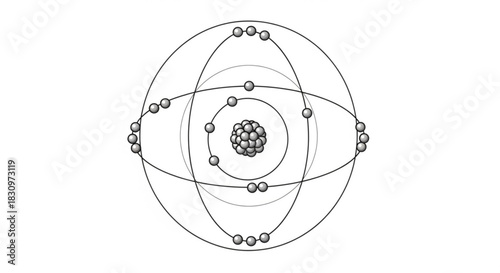 Atom model with nucleus and orbiting electrons depicted in a simplified diagram on a white background.