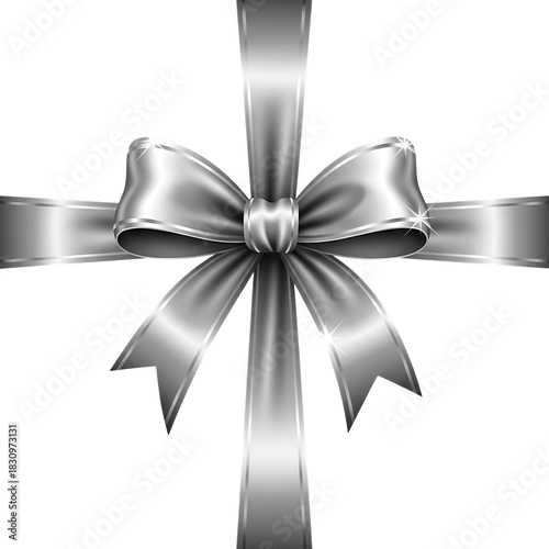 Elegant silver satin ribbon bow, meticulously tied and rendered, ideal for festive gift wrapping, sophisticated celebrations, and luxurious decorative design elements against a clean white background