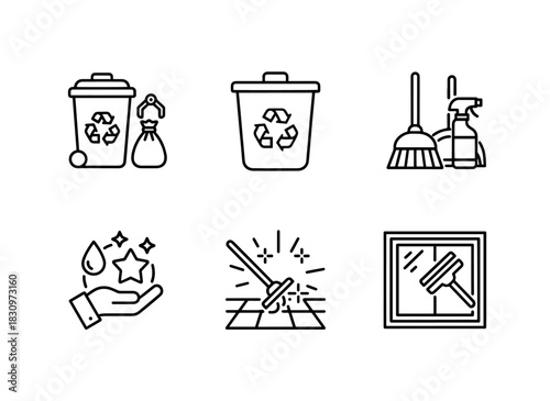 Trash Collection Recycling Bin Cleaning Tools Set Cleaning Service Cleaning Icon Set