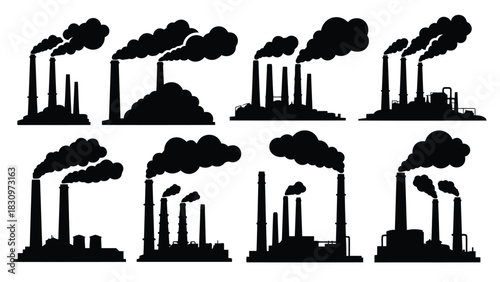 Collection of eight black silhouette icons depicting industrial factories releasing dense smoke from tall smokestacks,, isolated on white background