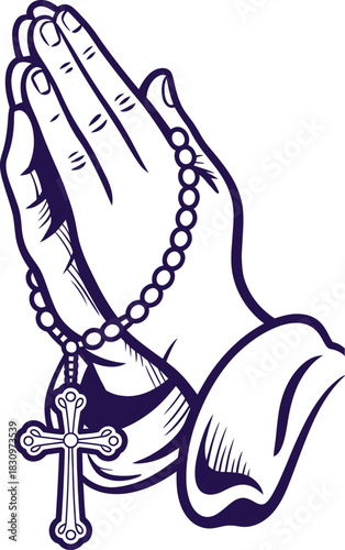 Black and white illustration of praying hands gently holding a rosary beads symbolizing faith and devotion