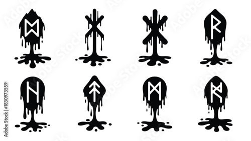 Collection of ancient Norse Elder Futhark runes symbols dripping black ink or slime, dark occult magic icons set,, isolated on white background