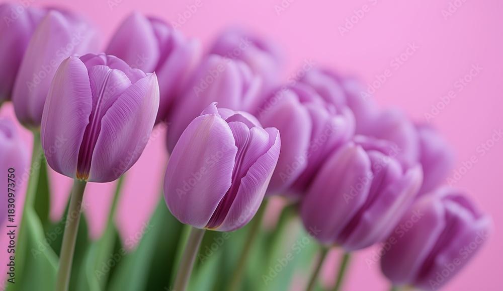 Fototapeta premium Beautiful Purple Tulips Arranged Against a Soft Pink Background, Creating a Vibrant Floral Display
