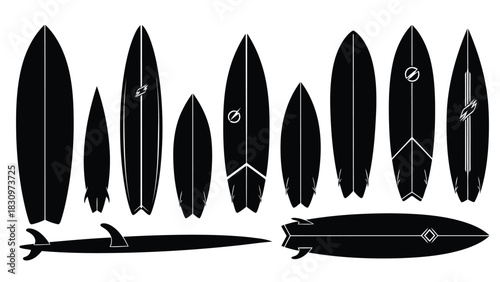 Collection of various black surfboard silhouettes showing different shapes and fin designs for surfing sports concept, isolated on white background